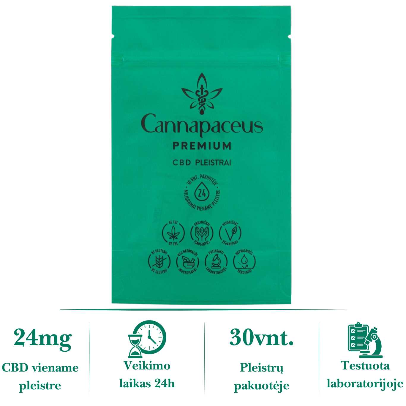 Cannapaceus CBD pleistrai 30 vnt. – kanapių pleistrai su 24 mg CBD, veikia 24 val., testuota laboratorijoje, be THC