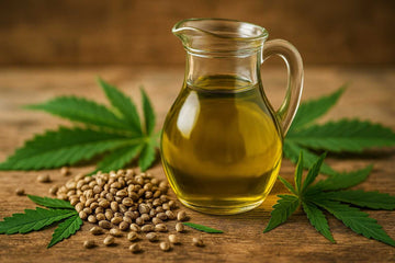 Ąsotis su kanapių sėklų aliejumi, šalia sėklos ir lapai