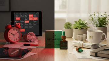 Cannapaceus Premium 10% CBD aliejus 10 ml ant stalo, šalia pakuotės, augalų ir arbatos puodelio.