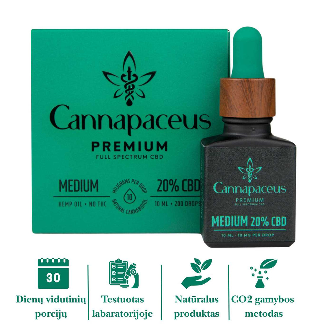 Cannapaceus Medium 20% CBD aliejaus buteliukas su pakuote