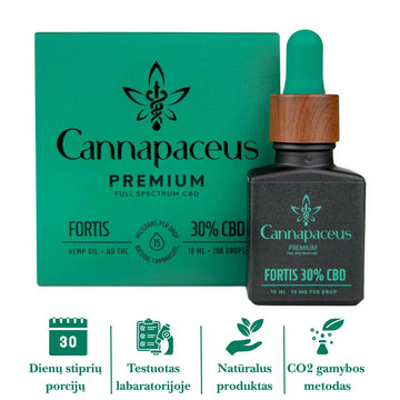 Cannapaceus Fortis 30% CBD aliejaus buteliukas su pakuote