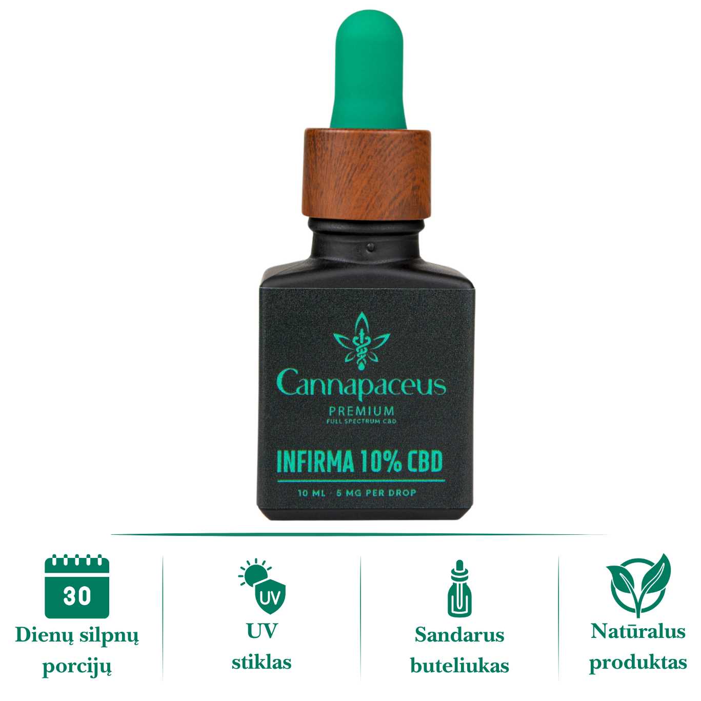 Cannapaceus INFIRMA 10% CBD aliejus – 10 ml buteliukas su pipete, UV stiklas, sandarus ir natūralus