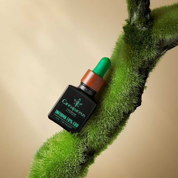 Cannapaceus CBD aliejus 10% buteliuke, pastatytas ant žalio samanų pagrindo – natūralus ir ekologiškas įvaizdis