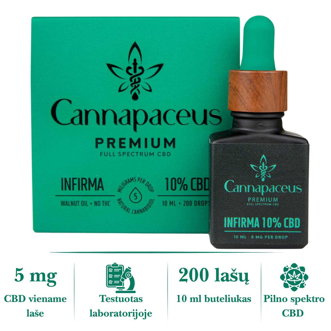 Cannapaceus INFIRMA 10% CBD aliejus – 10 ml buteliukas su dėžute, 200 lašų ir 5 mg CBD viename laše