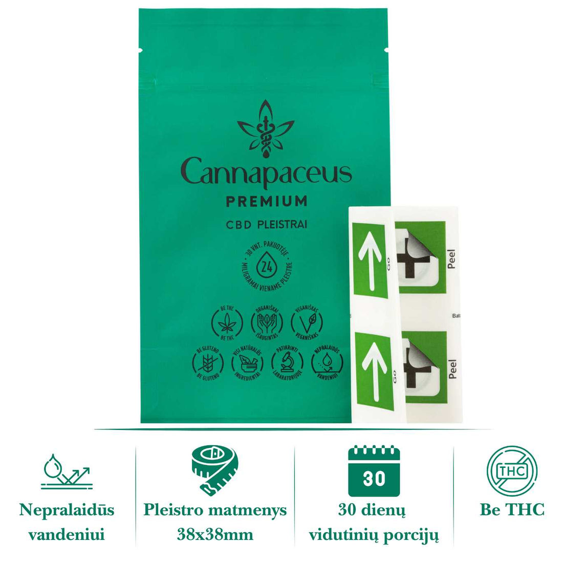 Cannapaceus CBD pleistrai 30 vnt. – kanapių pleistrai su 24 mg CBD, veikia 24 val., testuota laboratorijoje, be THC