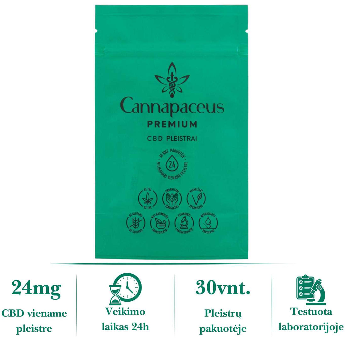 Cannapaceus CBD pleistrai 30 vnt. – kanapių pleistrai su 24 mg CBD, veikia 24 val., testuota laboratorijoje, be THC
