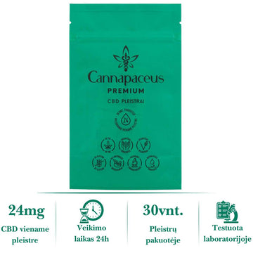 Cannapaceus CBD pleistrai 30 vnt. – kanapių pleistrai su 24 mg CBD, veikia 24 val., testuota laboratorijoje, be THC