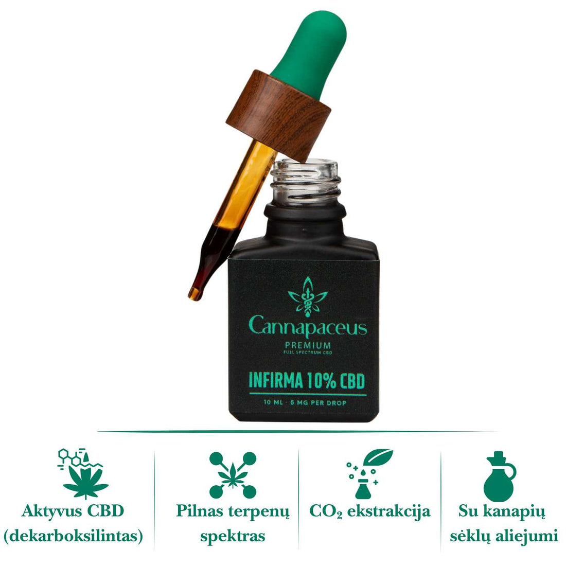 Cannapaceus INFIRMA 10% CBD aliejus – 10 ml buteliukas su dėžute, 200 lašų ir 5 mg CBD viename laše